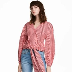H&M Red and White Bell Sleeve wrap shirt Sz. 4
